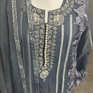 Gray shalwar kameez organza silver embroider pearls, laces. Size M